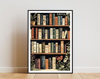 Bookshelf Poster, Book Print, Book Wall Art, Book Art Poster, Library Print, Living Room Poster, Vintage Wall Art, Boho Print, Book Poster