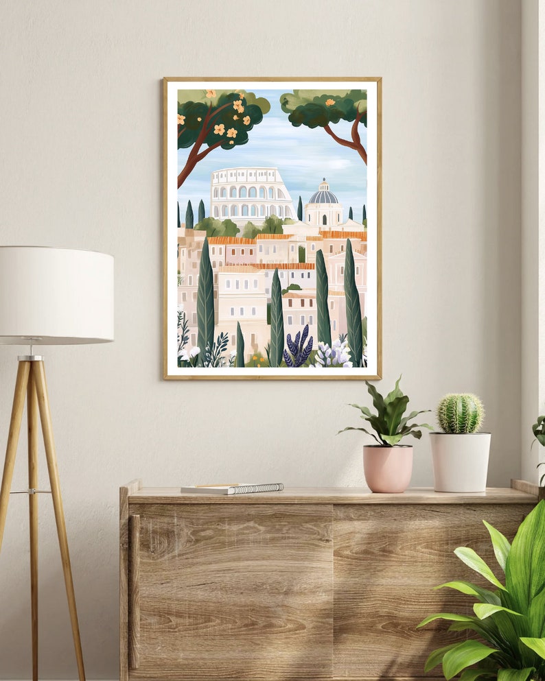 May include: A framed illustration of a cityscape with a white building in the background, surrounded by green trees and a blue sky.