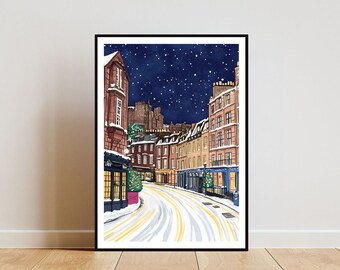 May include: A watercolour illustration of a snowy street scene in a city at night. The street is lined with buildings, and there are stars in the sky. The buildings are lit up with warm yellow lights, and there is a castle in the distance.