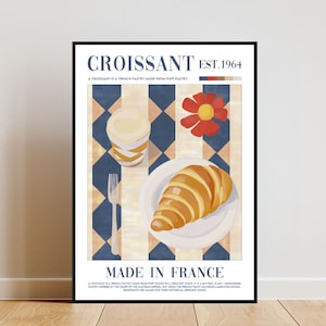 Retro Croissant Poster, Kitchen Print, Croissant Wall Art, Food Poster, Coffee Print, Coffee Art, Kitchen Wall Art, Kitchen Poster, Pastry