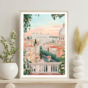 May include: A framed illustration of a cityscape with a pink and blue sky. The city is filled with buildings and a river. There are flowers and greenery in the foreground.