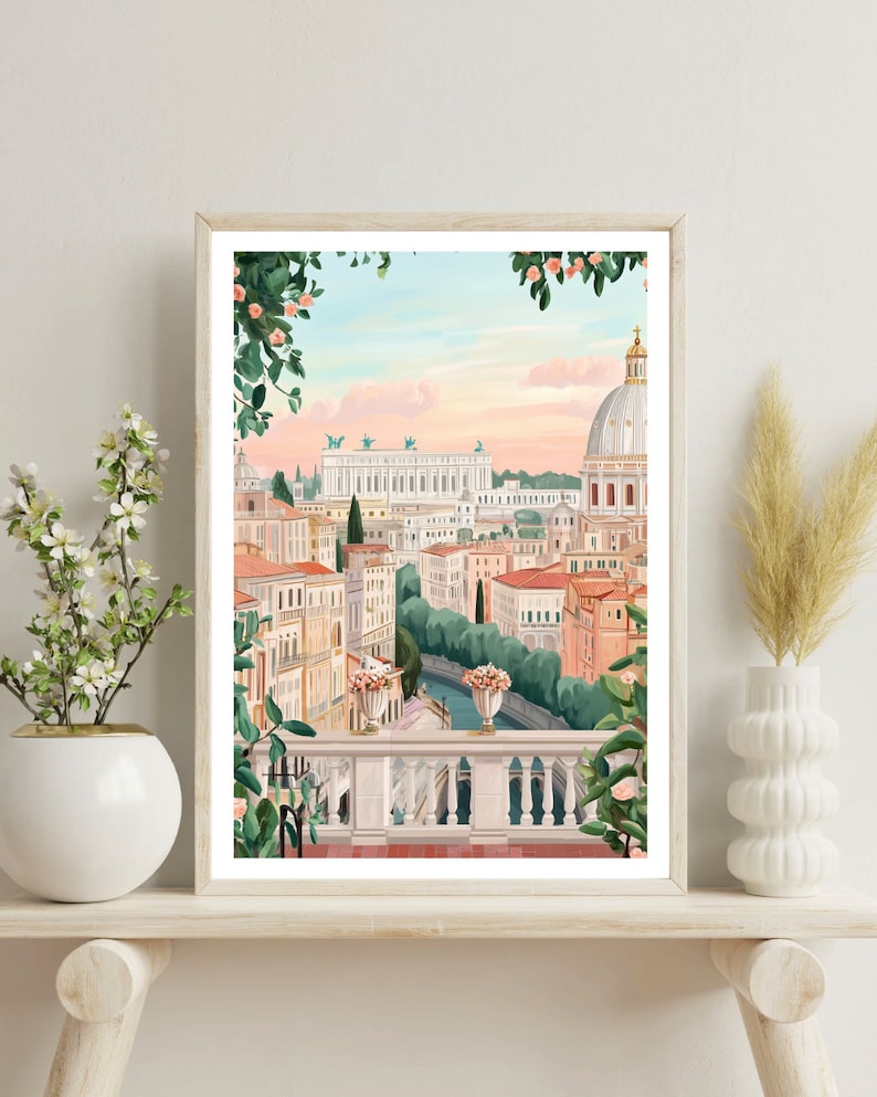 May include: A framed illustration of a cityscape with a pink and blue sky. The city is filled with buildings and a river. There are flowers and greenery in the foreground.