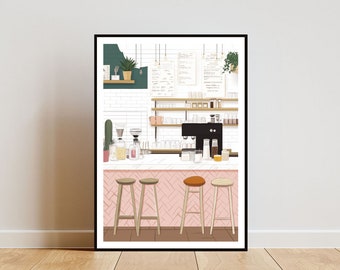 May include: A framed illustration of a coffee shop interior with a white tiled wall, a wooden shelf with glassware, a black espresso machine, and a counter with four wooden stools. The stools have pink cushions and are arranged in front of a pink and white tiled floor.