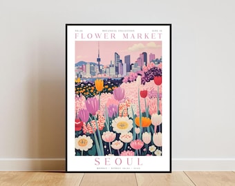 Seoul Flower Market Poster, Seoul Poster, Flower Market Print, Flower Wall Art, Botanical Poster, Floral Wall Art, Pink Flower Poster