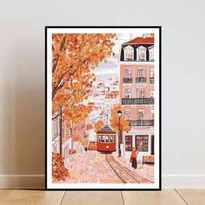 Póster de Lisboa, impresión del tranvía de Lisboa, arte mural de Portugal, póster de viaje, impresión de Portugal, impresión de Lisboa, Portugal, arte mural europeo, póster de otoño