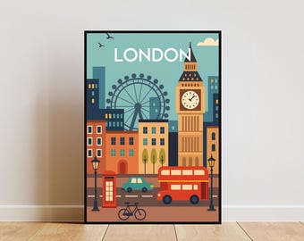 London Poster, Retro London Print, 2D Wall Art, Travel Poster, England Print, Flat London Wall Art, UK Wall Art, Big Ben Print, London Eye