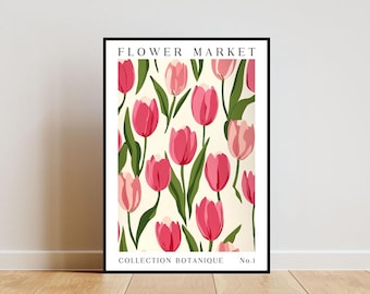 Tulip Flower Market Poster, Tulip Poster, Flower Market Print, Flower Wall Art, Botanical Poster, Floral Wall Art, Pink Flower Poster