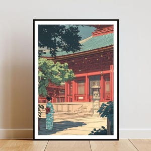 Vintage Japanese Temple Poster, Japanese Print, Retro Japan Wall Art, Japanese Poster, Vintage Japanese Woman Art, Retro Japanese Wall Art