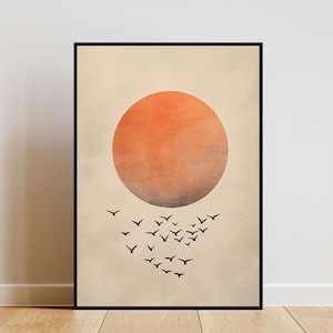 Póster de sol beige, arte de pared de sol, póster de pájaros, impresión de sol beige, póster de sol, arte de pared de pájaros, póster espacial, arte de pared neutro, impresión espacial
