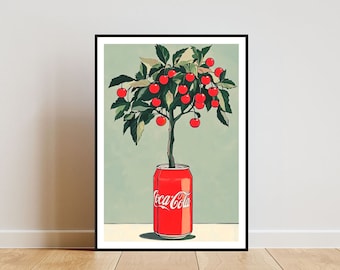 Retro Coke Poster, Kitchen Print, Coca Cola Wall Art, Drink Poster, Cherry Art, Coca Cola, Kitchen Wall Art, Boho Kitchen Decor, Pastel Art