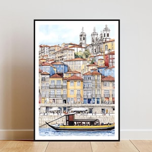 May include: A watercolor painting of a colorful cityscape with a boat in the foreground. The buildings are a mix of yellow, blue, and red, and there are several tall towers in the background. The boat is yellow and brown and has a wooden deck.