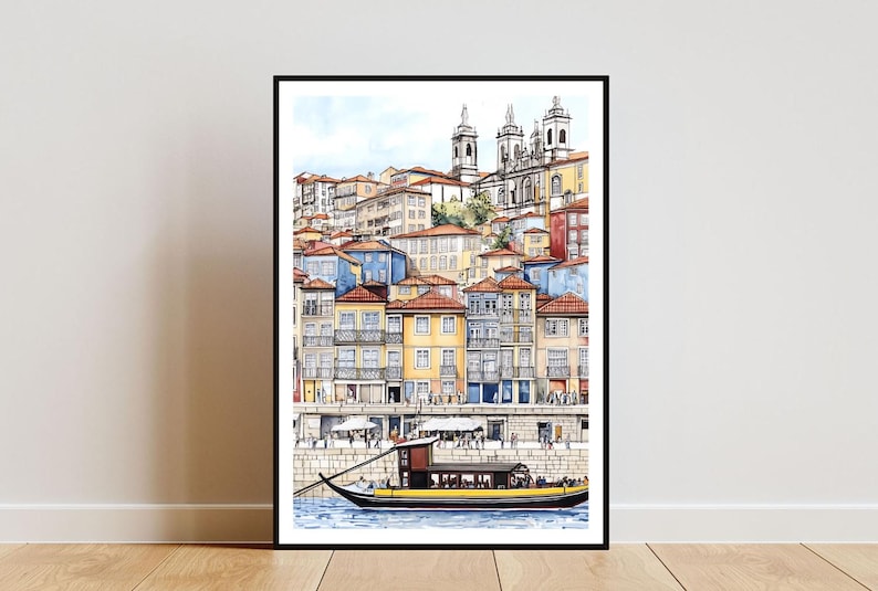 May include: A watercolor painting of a colorful cityscape with a boat in the foreground. The buildings are a mix of yellow, blue, and red, and there are several tall towers in the background. The boat is yellow and brown and has a wooden deck.