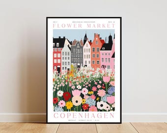 Copenhagen Flower Market Poster, Copenhagen Poster, Flower Market Print, Flower Wall Art, Botanical Poster, Floral Wall Art, Pink Flower Art