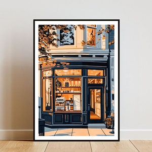May include: A storefront with a large glass window and a wooden door. The window is filled with shelves of products, and the door is open. The building is painted in shades of blue and white, and the storefront is illuminated by warm, golden light.