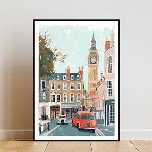 Poster di Londra, stampa del Big Ben, arte murale di Londra, poster di viaggio, stampa di Londra, Londra Inghilterra, arte murale retrò, arte pastello, Regno Unito, arte britannica