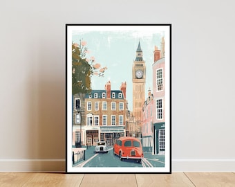 Póster de Londres, Impresión del Big Ben, Arte mural de Londres, Póster de viaje, Impresión de Londres, Londres, Inglaterra, Arte mural retro, Arte pastel, Reino Unido, Arte británico