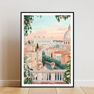 May include: A colorful illustration of a cityscape with a large dome building in the background. The scene is viewed from a balcony with lush green foliage and pink flowers.