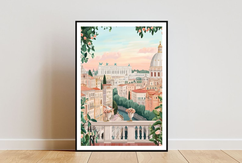 May include: A colorful illustration of a cityscape with a large dome building in the background. The scene is viewed from a balcony with lush green foliage and pink flowers.