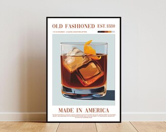 Old Fashioned Poster, Kitchen Print, Alcohol Wall Art, Cocktail Poster, Old Fashioned Cocktail Print, Whiskey Poster, Cocktail Bar Poster