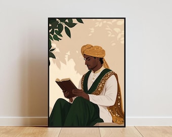Impresión tradicional india de hombre leyendo un libro, póster indio, arte indio, arte tradicional indio, arte mural indio, póster desi, impresión del sur de Asia