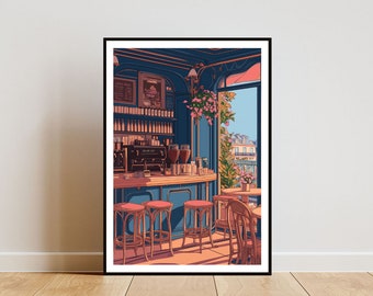 May include: A vintage-style cafe interior with a blue and brown color scheme. The cafe has a bar with stools, a window overlooking a city street, and a potted plant with pink flowers.