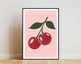 Cherry Poster, Kitchen Print, Cherry Wall Art, Fruit Poster, Cherry Print, Cherries Wall Art, Kitchen Poster, Fruit Print, Pink Poster