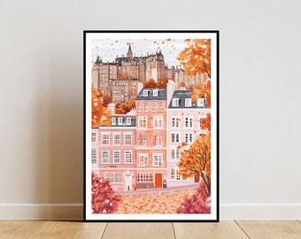 May include: A digital illustration of a city scene with pink buildings and orange trees in the foreground. The buildings are in a row and have windows and doors. The trees are in the foreground and have orange leaves. The background is a cityscape with a castle in the distance.