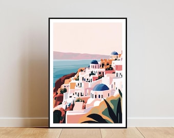 Santorini Poster, Santorini Print, Greece Wall Art, Travel Poster, Greek Art, Santorini Greece, Santorini Wall Art, Pastel Art, Oil Painting