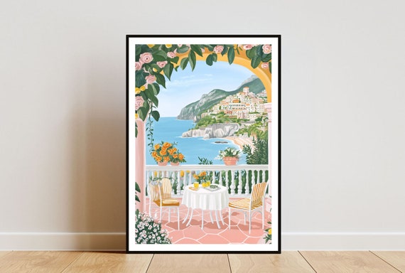 Amalfi Coast Poster, Positano Print, Italy Wall Art, Travel Poster, Italian Print, Amalfi Italy, Amalfi Wall Art, Flower Poster, Pastel Art