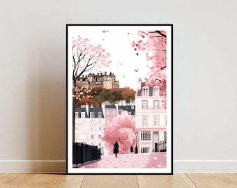May include: A digital painting of a city street with pink cherry blossoms in bloom. The street is lined with buildings and a castle is visible in the background.
