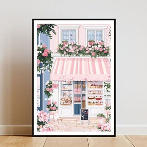 May include: A pink and white striped awning over a storefront with a window display of pastries. The building is decorated with pink flowers and vines.