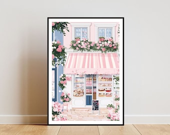 May include: A pink and white striped awning over a storefront with a window display of pastries. The building is decorated with pink flowers and vines.