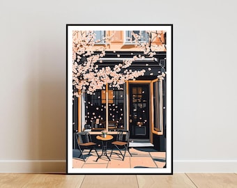 Vintage Cafe Painting, Cafe Wall Art, Cafe Art Poster, Coffee Print, Coffee Wall Art, Vintage Poster, Cafe Painting, Cherry Blossom Poster
