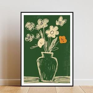 Póster de flores retro, impresión de jardín, arte de pared de flores, póster de flores, impresión de flores, impresión de jarrón, arte de pared de jardín, decoración de jardín boho, arte pastel