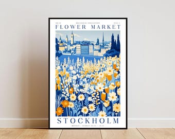 Stockholm Flower Market Poster, Stockholm Poster, Flower Market Print, Flower Wall Art, Botanical Poster, Floral Wall Art, Blue Flower Print