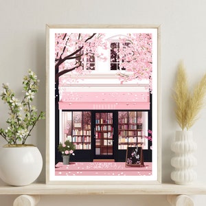 May include: A pink storefront with a sign that reads "BOOKSHOP" surrounded by a cherry blossom tree. The storefront has large windows displaying bookshelves filled with books. The sidewalk is covered in pink cherry blossom petals.