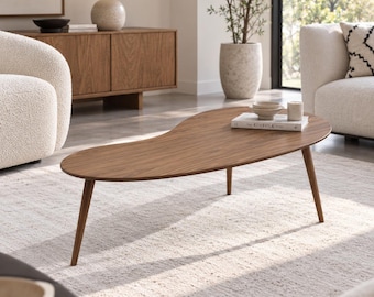 Kidney Shaped Walnut Coffee Table, Mid Century Modern Wood Table