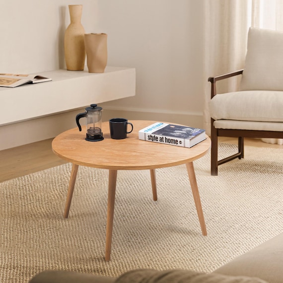 Solid Oak Round Coffee Table, Modern Scandinavian Center Table