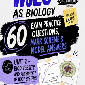 May include: A digital study guide titled WJEC AS BIOLOGY featuring 60 exam practice questions, mark schemes, and model answers for Unit 2 Biodiversity and Physiology of Body Systems. Includes diagrams of oxygen dissociation curves and cell structures.