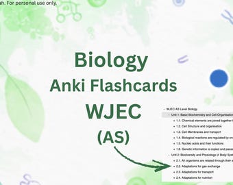 May include: Digital graphic for Biology Anki Flashcards, WJEC (AS) level. The image features text, a DNA strand, and a star icon. The text includes topics like Basic Biochemistry and Cell Organisation.