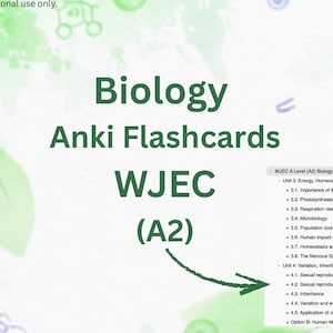 May include: A digital graphic for Biology Anki Flashcards, WJEC (A2). The image features the text "Biology Anki Flashcards WJEC (A2)" in green, with a list of topics on the right. The background has a light green and white watercolor design.