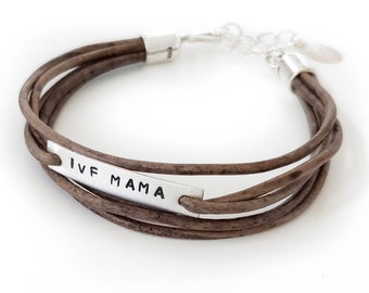 IVF Mama Bracelet, Infertility Jewelry, Light Brown Leather Wrap Style Bracelet, IVF Jewelry, Faux Wrap Bracelet, Sterling Silver