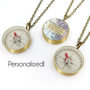 Small Custom Map Compass Necklace with Personalized Quote, Working Brass Compass, Graduation or Moving Gift, Long Distance