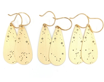 Personalized Constellation Earrings, Brass Teardrop, Stars, Gift for Her, Zodiac Jewelry, Orion, Big Dipper, Astronomy