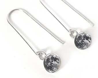 Sterling Silver Moon Earrings on Long Hooks, Small, Earth's Moon, Full Moon, Space, .925 Silver, Dangle, Drop, Astronomy, Long Earrings