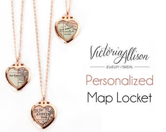 Rose Gold Map Locket, Tiny Heart Locket, Custom Map Necklace, Personalized Map Jewelry, Vintage Locket, Paper Anniversary Gift, Bridesmaid