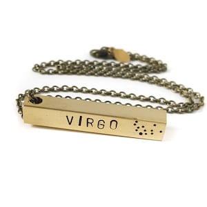 Virgo Zodiac Bar Necklace, Constellation Necklace, Zodiac Jewelry, Brass, Unisex, Long Necklace, Zodiac Gift, September Birthday