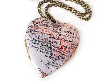 Los Angeles Necklace, Map Jewelry, Large Heart Locket, Vintage Map, Vintage Locket, California, Santa Monica, Map Jewelry, Gift for Her