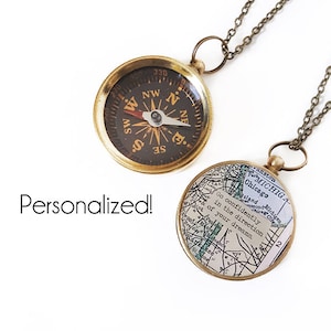 Large Custom Map Compass Necklace Personalized Quote, Working Compass, Graduation Gift, Home State Gifts, Moving, Inspirational, Travel
