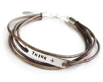 Think Positive Bracelet, Leather Wrap Style Bracelet, Infertility Jewelry, IVF Jewelry, Sterling Silver, IVF Gift, Think +, Faux Wrap